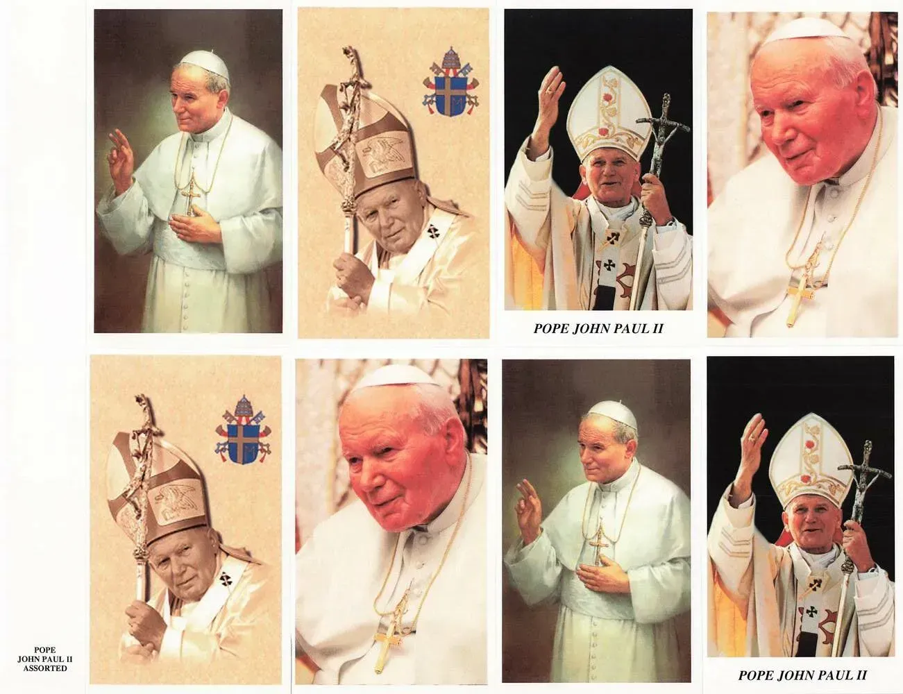 Collage of Pope John Paul II portraits in white papal vestments against dark and light backgrounds