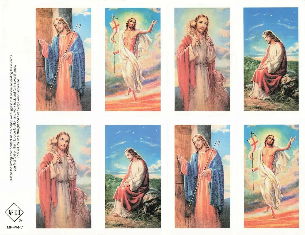 Seven-panel religious illustration of a saint in flowing robes, with blue and warm pastel backgrounds.
