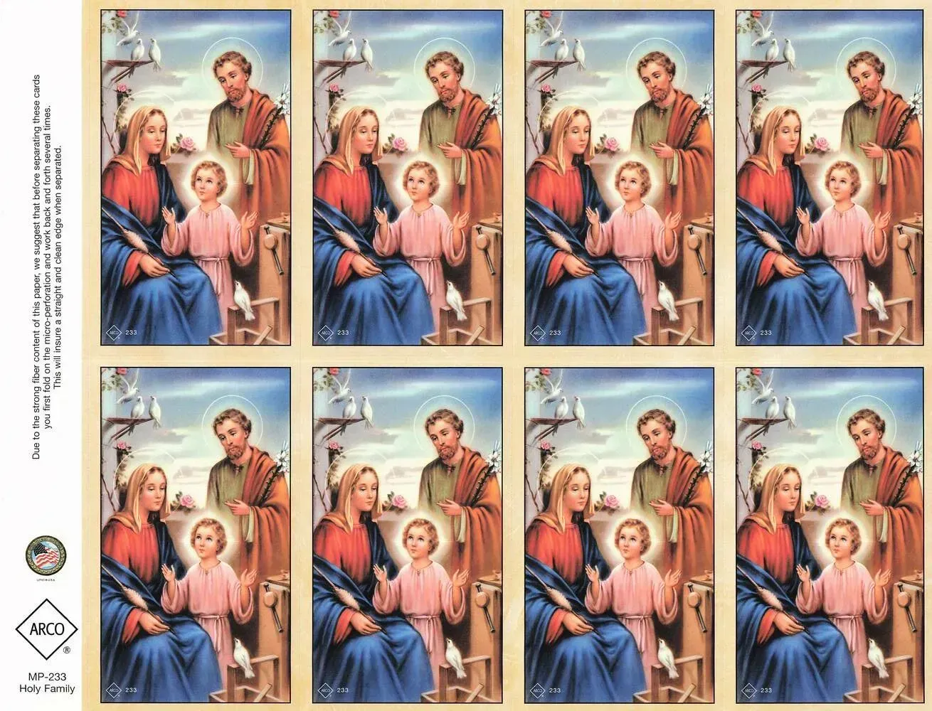 Eight repeated vintage religious family illustrations in a 2x4 grid, with warm pastel colors.