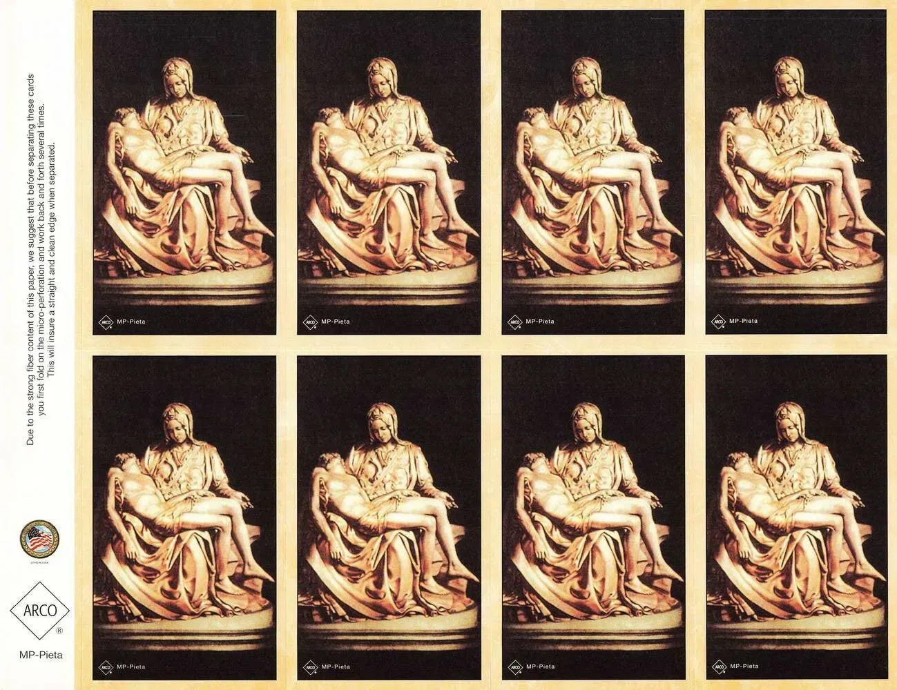 Eight repeated sepia portraits of a seated marble statue arranged in a 2x4 grid on a dark background