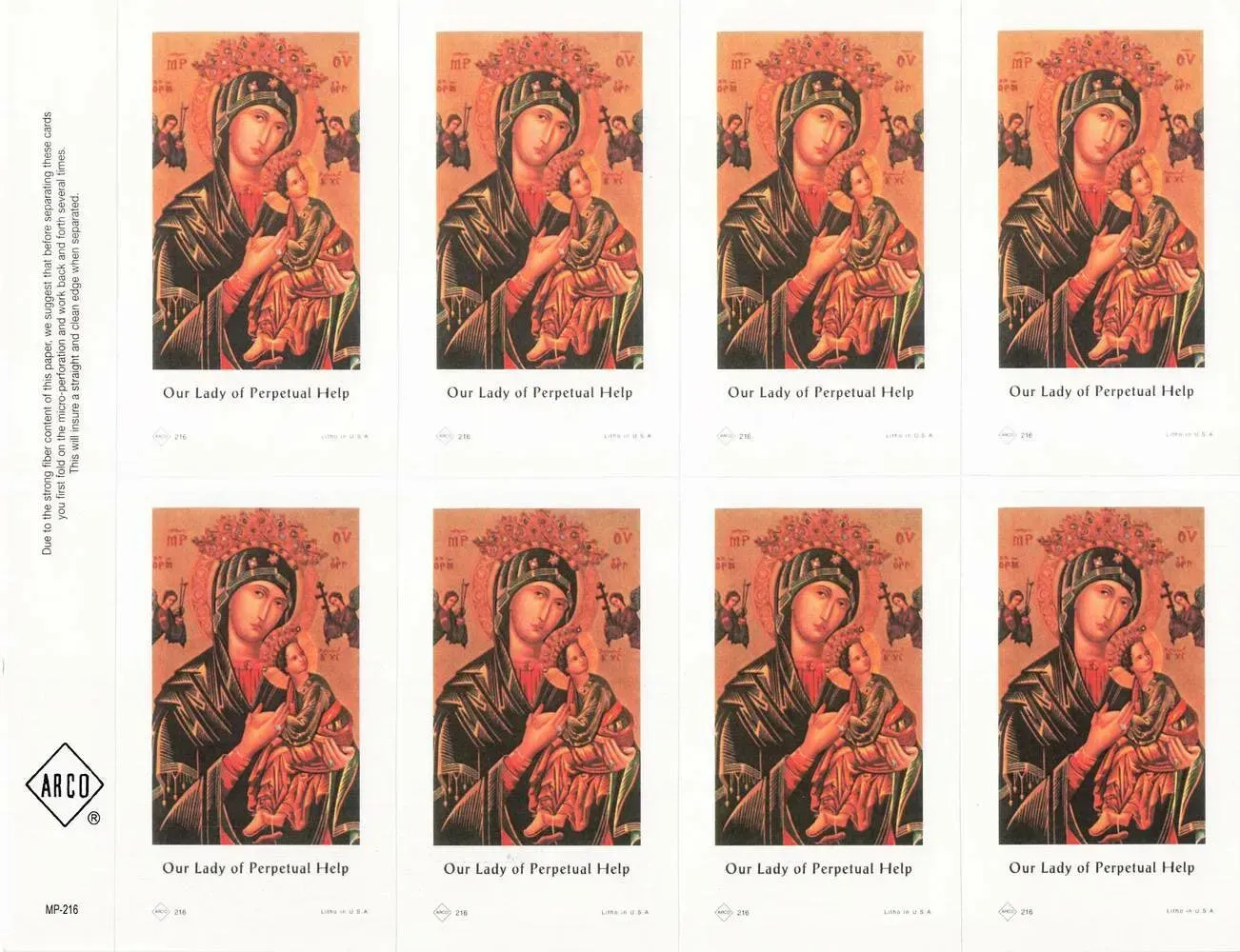 Grid of eight small orange-toned religious icon prints on a white page