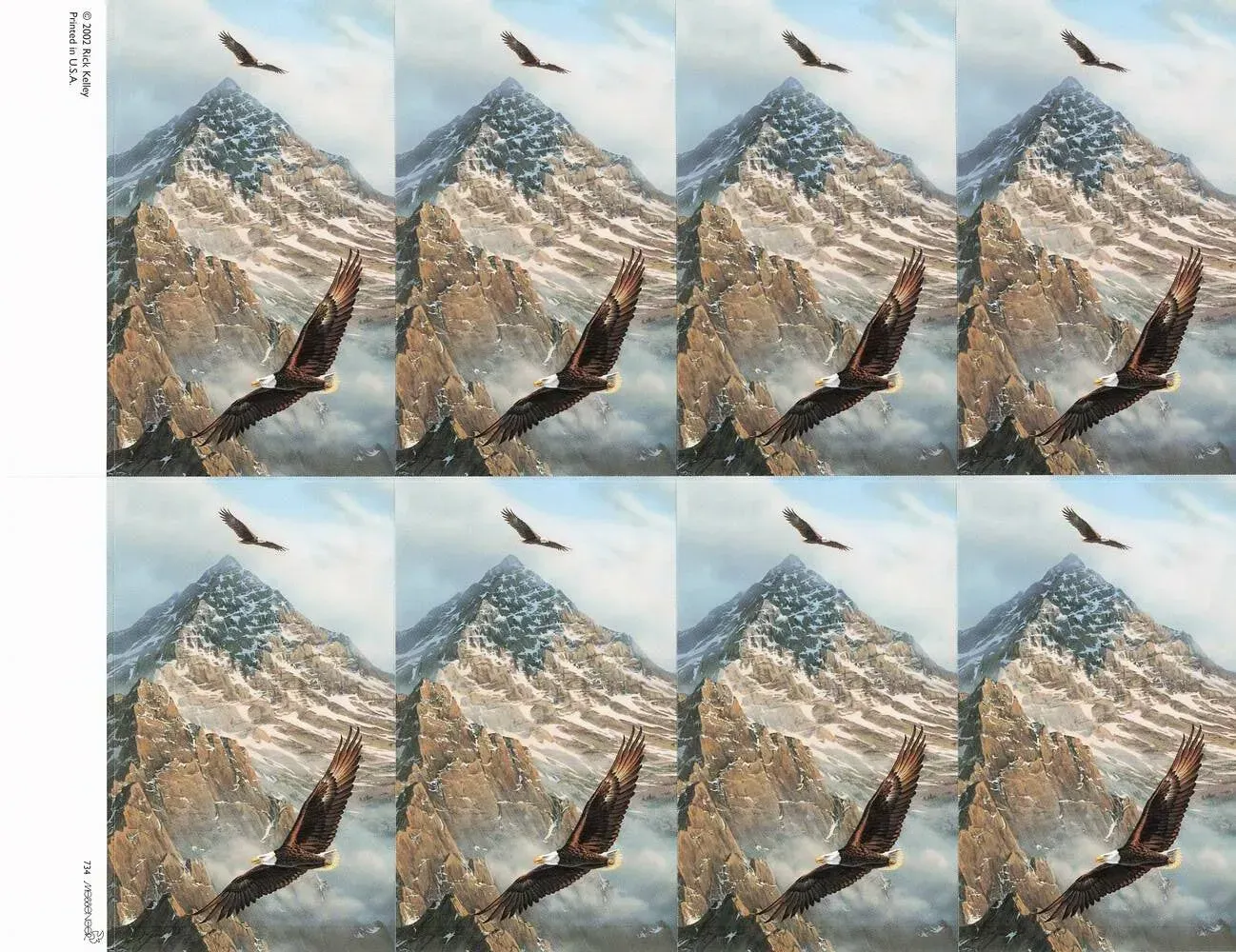 Grid of repeated mountain-and-bird scenes with snowy peaks and a flying eagle over a canyon