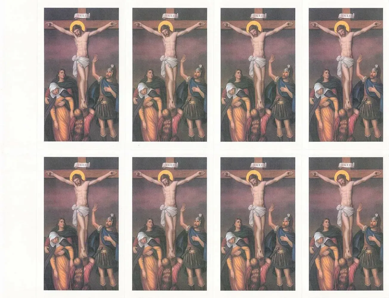 Eight small religious paintings arranged in two rows, showing Jesus crucified with figures below.