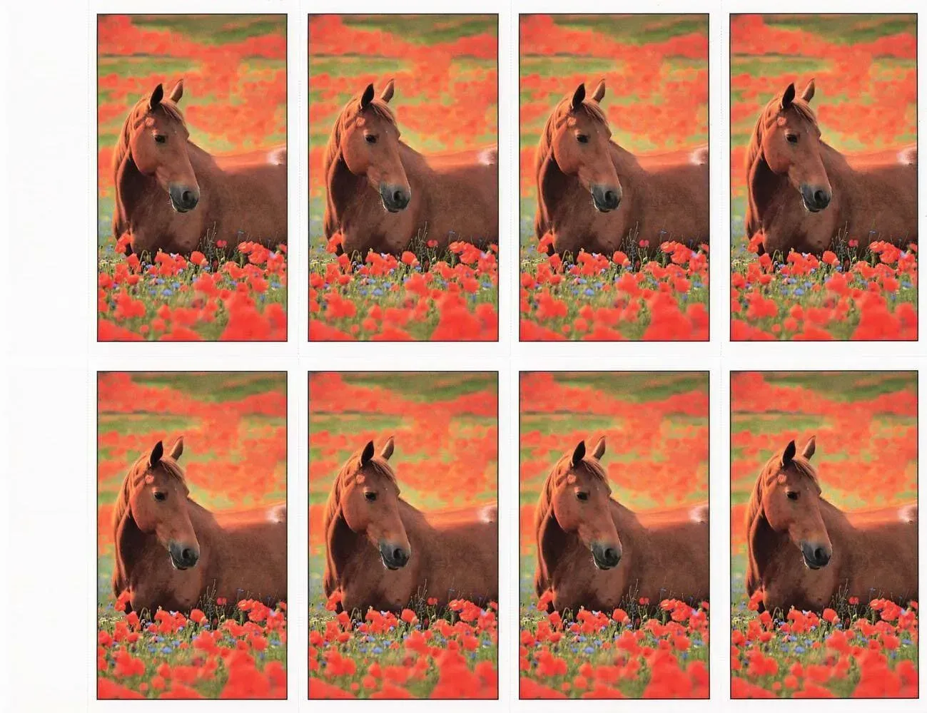 Eight identical paintings of a brown horse in a red flower field under a coral sky.