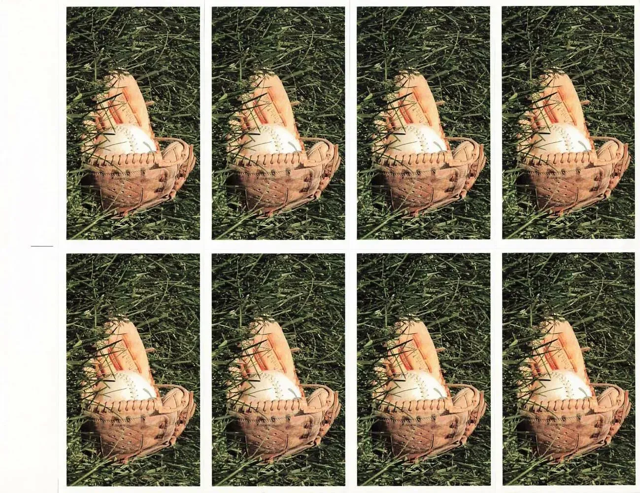 Eight repeated photos of a basket of bread on grass in a 2x4 grid with white borders