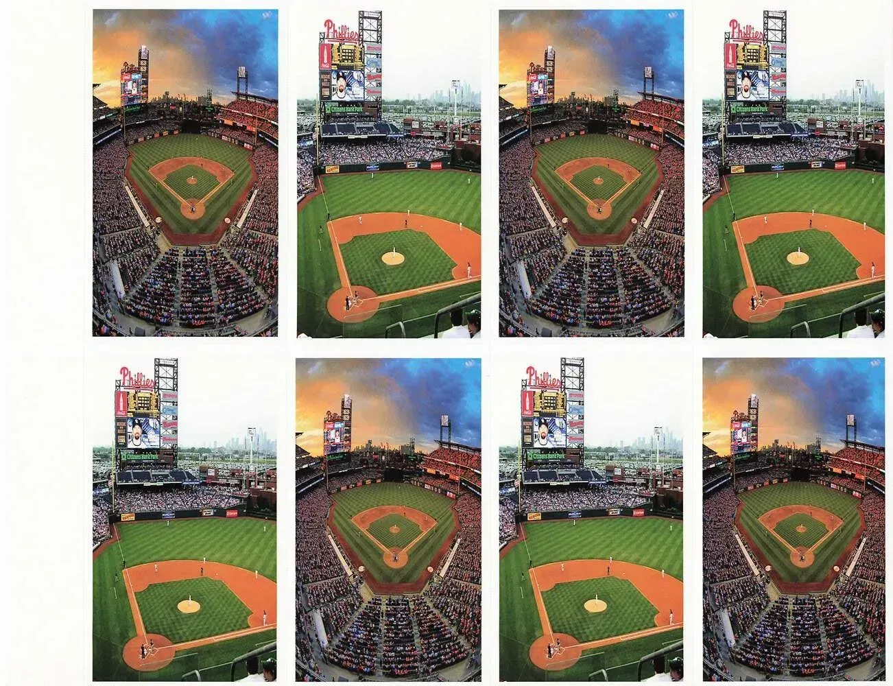 Collage of eight baseball stadium views at sunset, showing the field, crowd, and scoreboard.