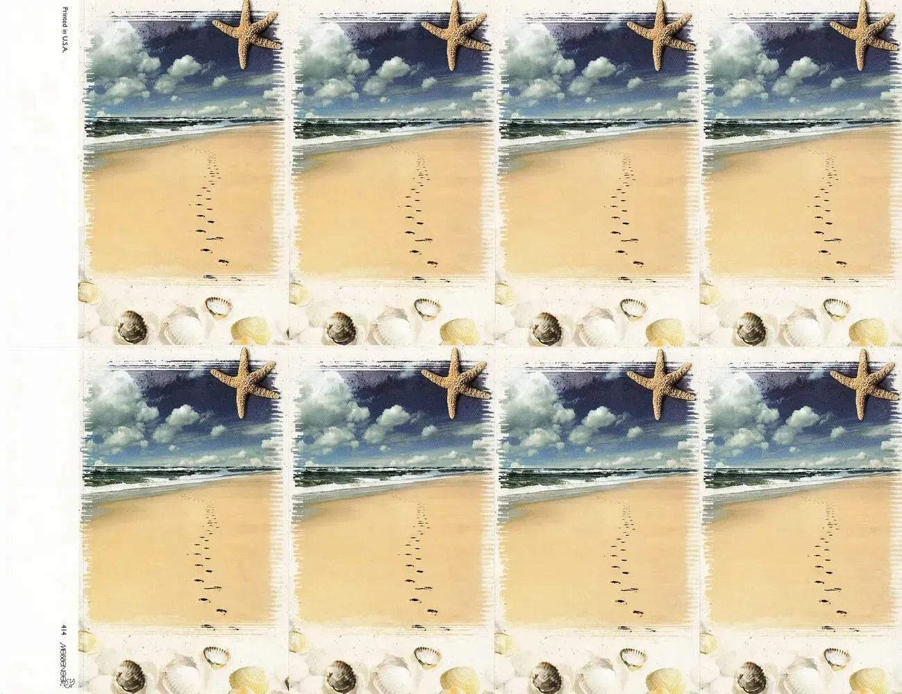 Repeated beach scrapbook pattern with sand, ocean waves, shells, and a starfish in pastel colors