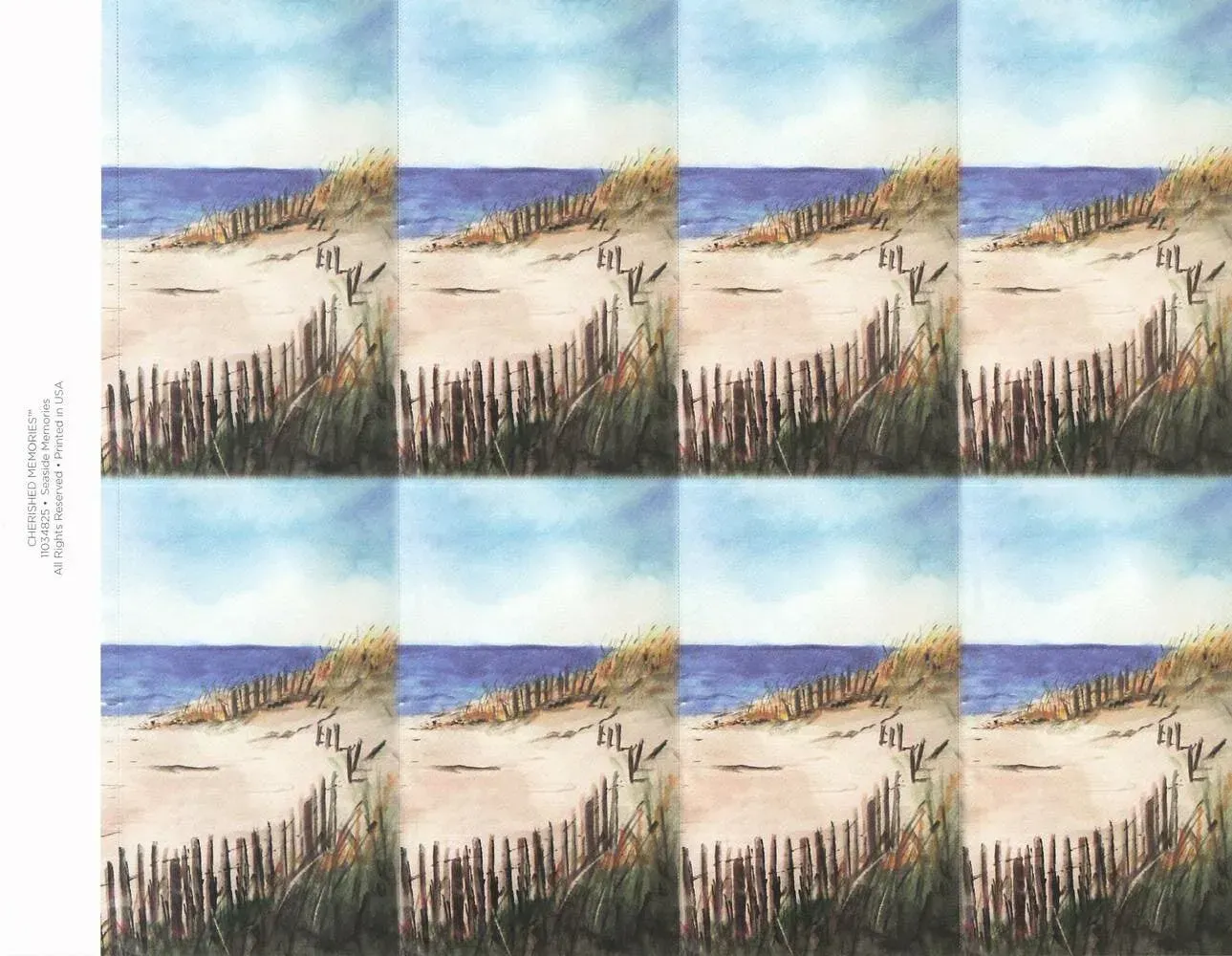 Repeated beach landscape prints with blue sky, sandy dunes, and tall grasses