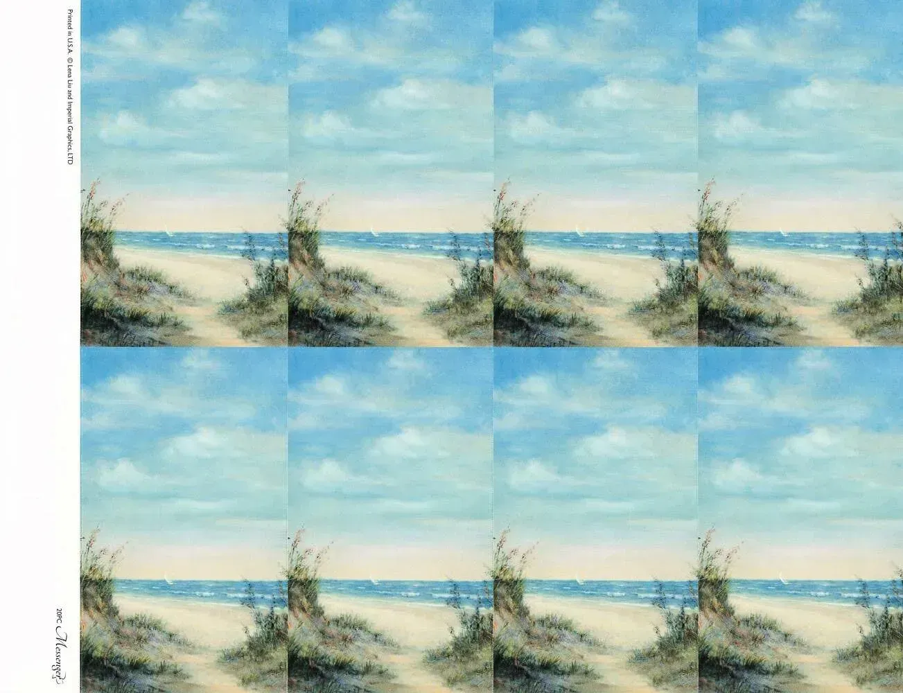 Repeated beach landscape panels with blue sky, sandy shore, and greenery along the coast