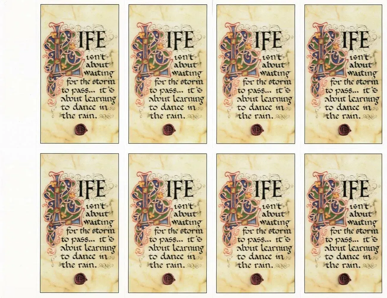 Eight small vintage-style quote cards arranged in a 2x4 grid on a light background.