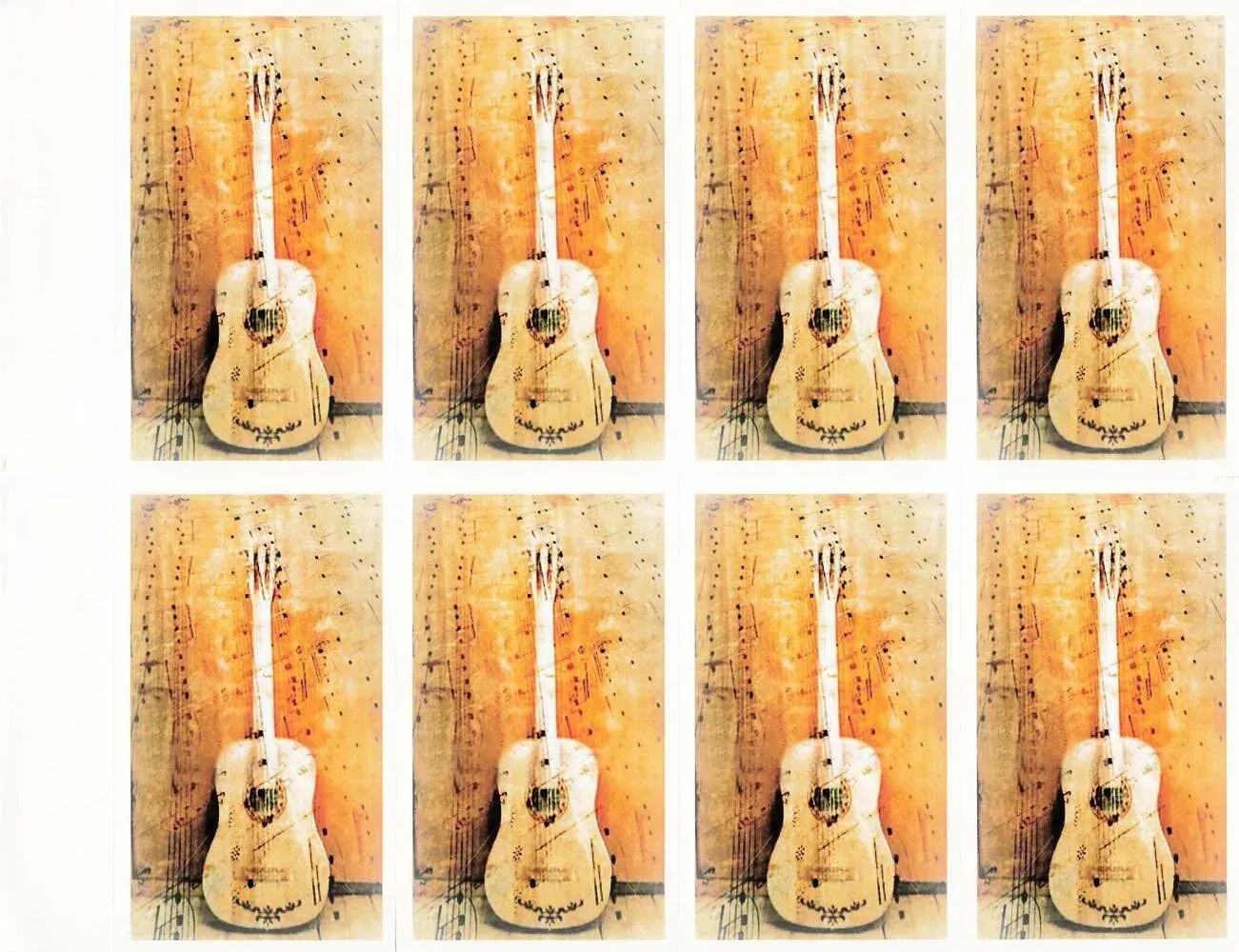 Eight identical guitars on a white background, arranged in two rows of four.