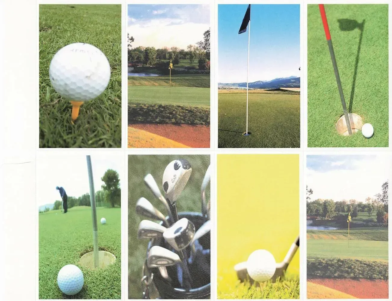 Collage of golf shots and close-ups on a green course, including balls, flags, and a golfer in the distance