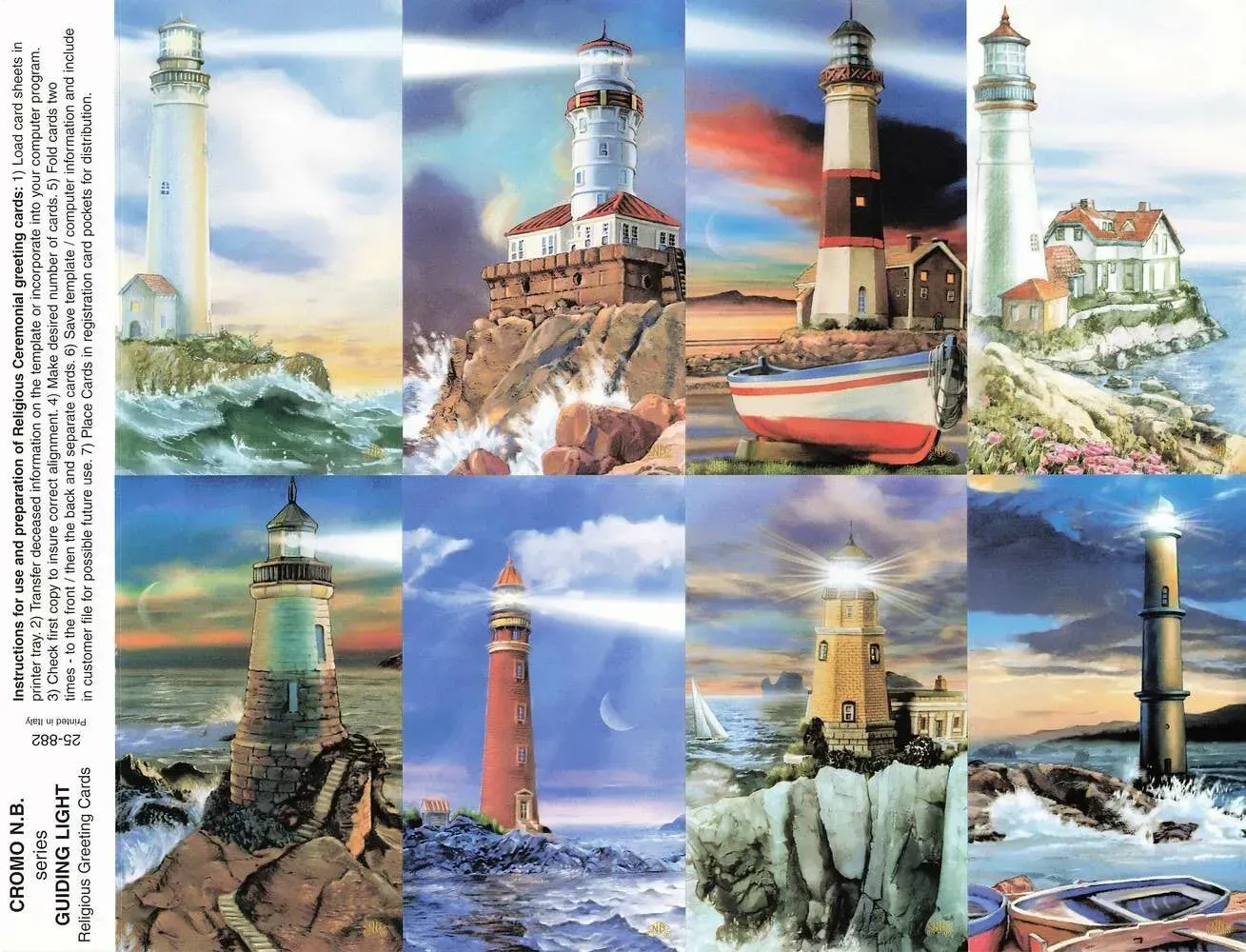 Collage of colorful lighthouse paintings on rocky shores under varied skies and seas