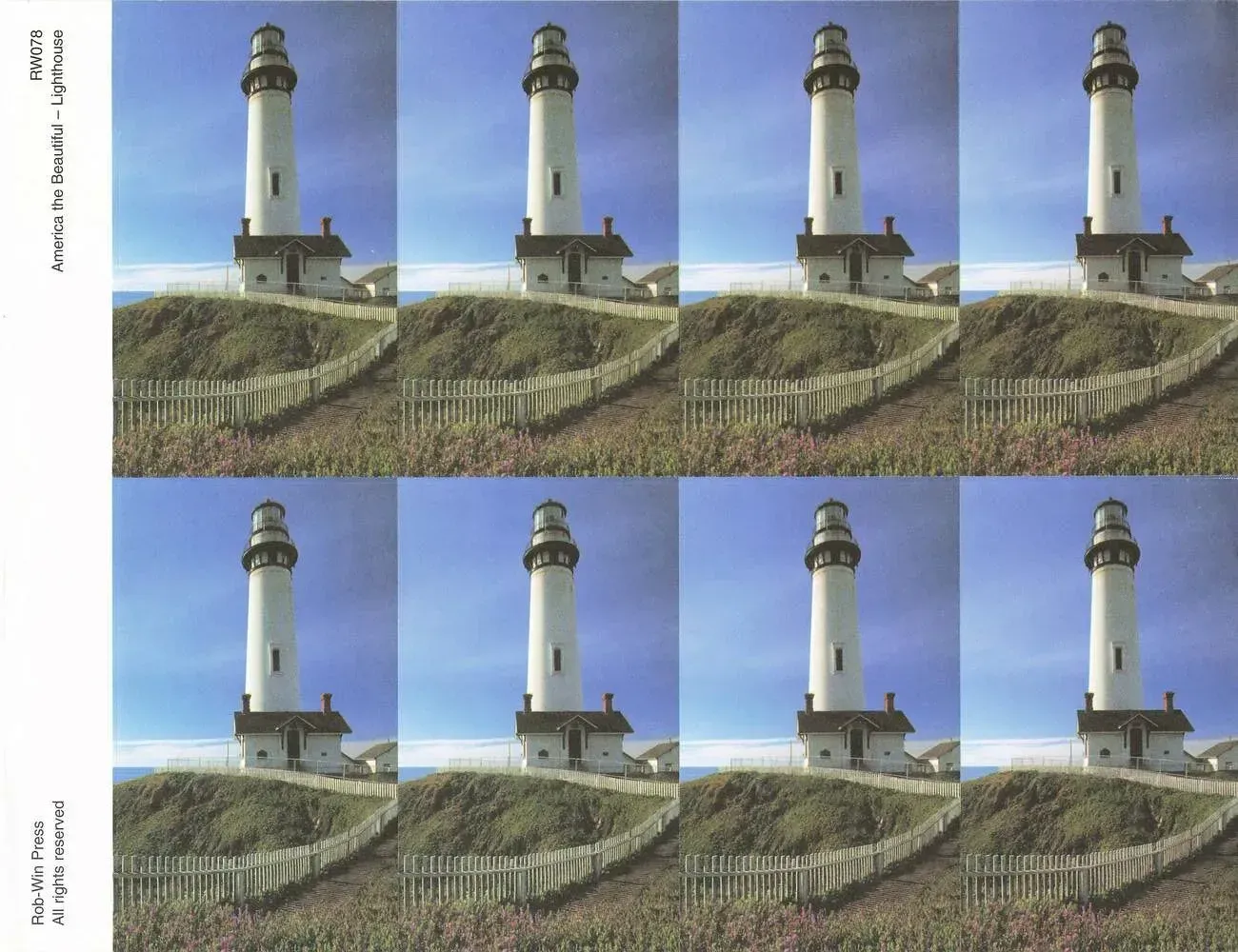 Repeating lighthouse scenes in a 2x4 grid, each showing a white lighthouse under a blue sky.