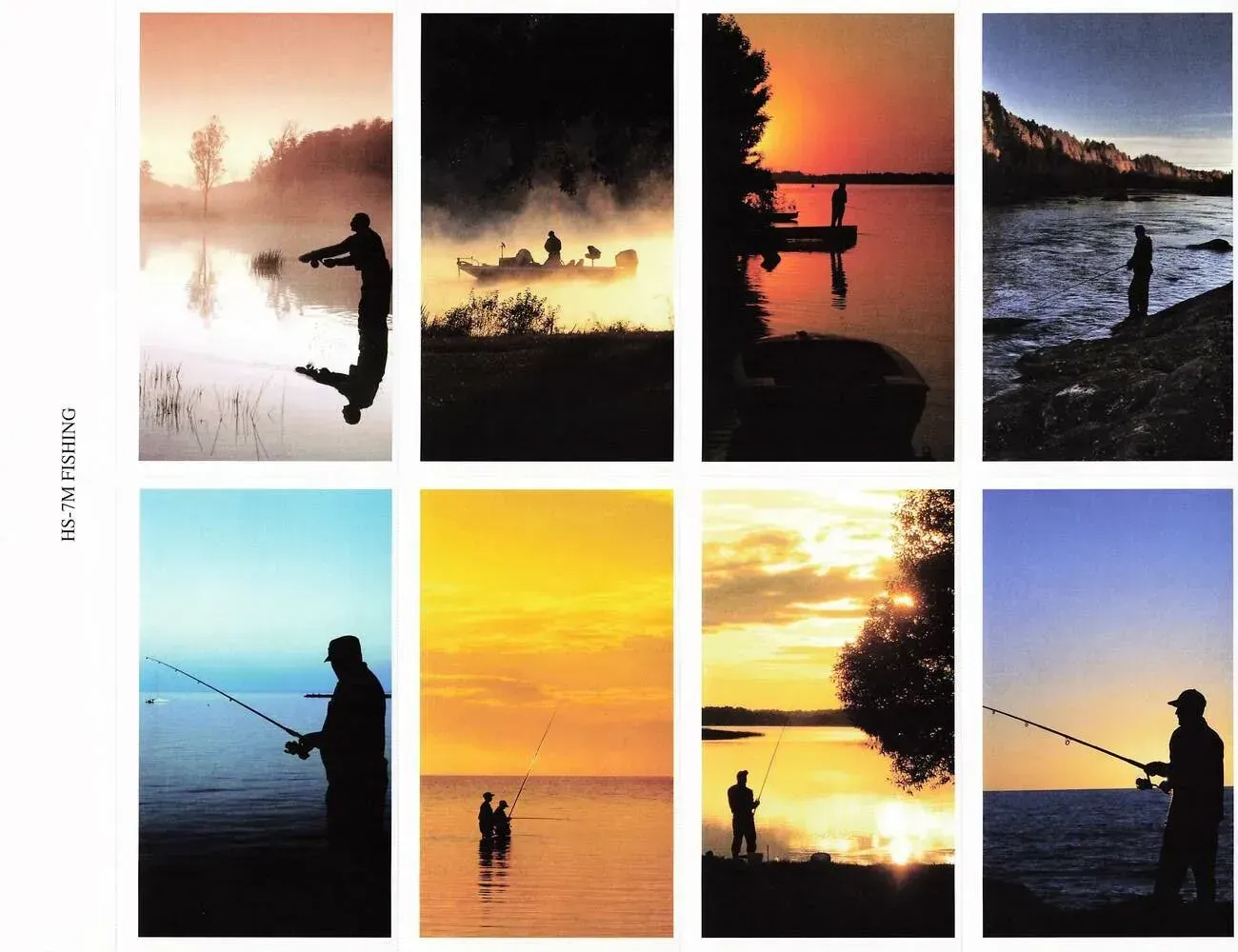 Silhouettes of people fishing at sunset across a 2x4 collage of colorful lakeside scenes