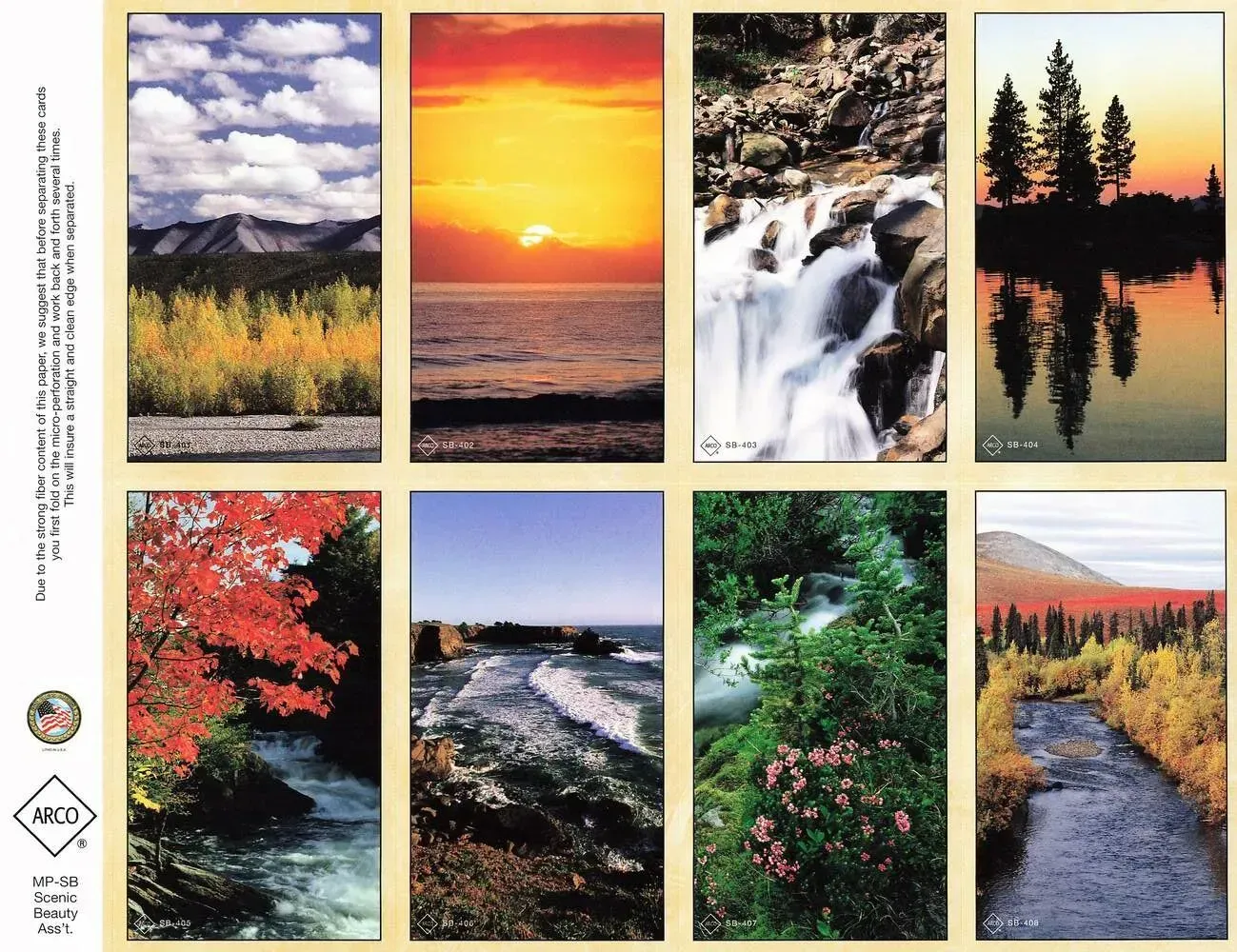 Collage of eight scenic landscapes: mountains, sunset, waterfall, forest, river, and autumn trees