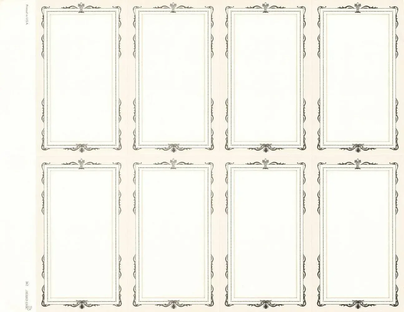 Eight blank decorative frames arranged in a 2x4 grid on a light background.