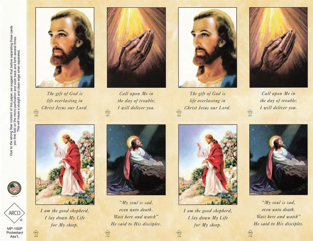Religious poster with Jesus illustrations, praying hands, and Arabic text on a beige background