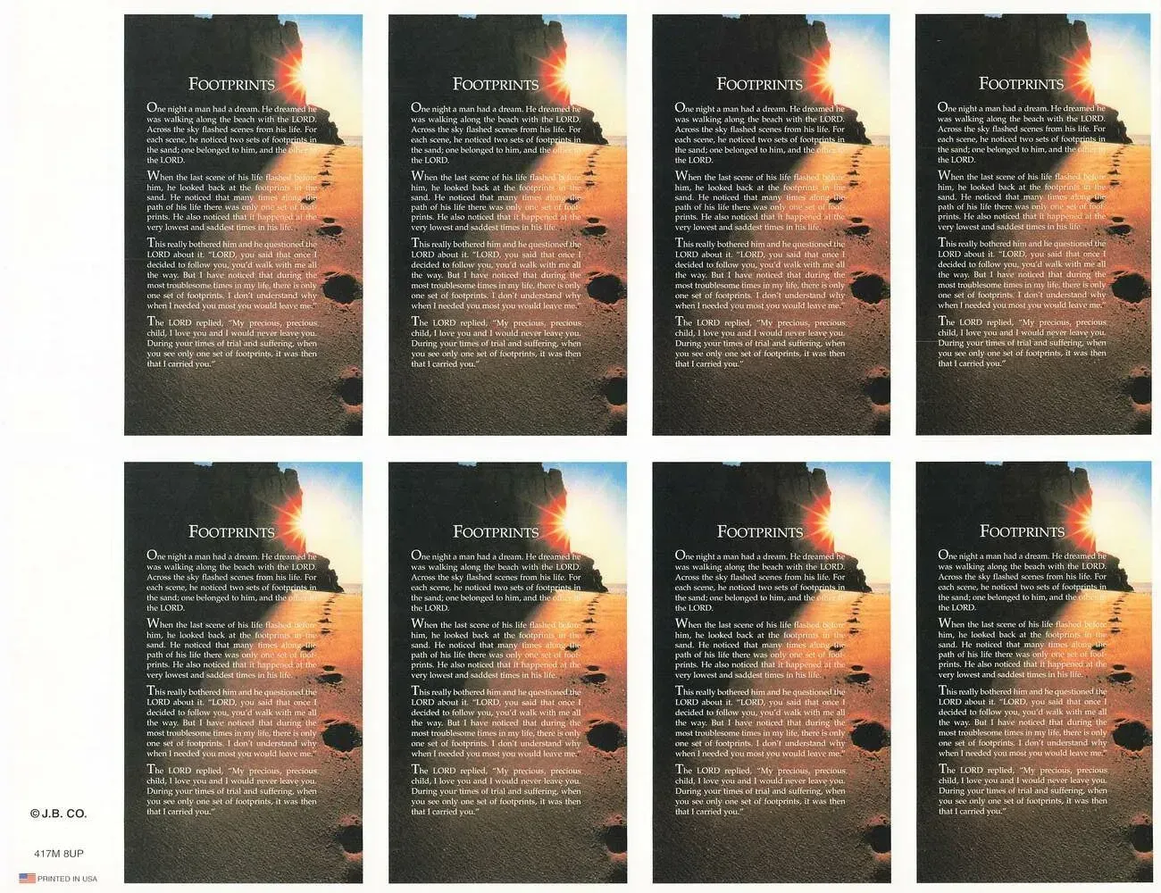 Eight small sunset-themed text posters arranged in two rows on a white background.