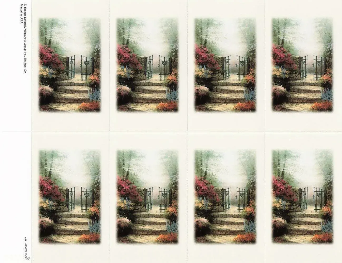 Grid of eight small paintings of a garden path with flowers and trees in soft colors