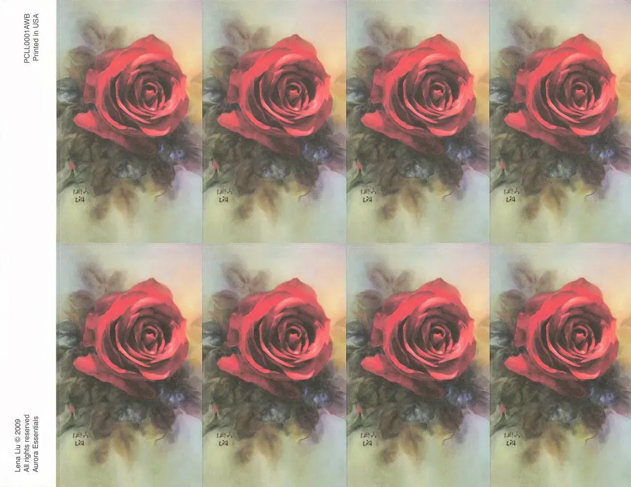 Eight red roses in a 2x4 grid on a soft, pastel background, with small vertical text at left and right edges