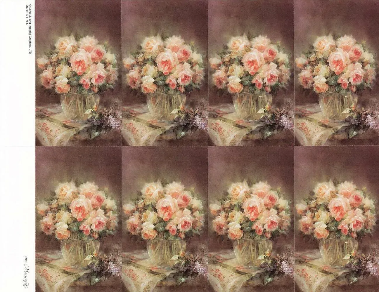 Repeated floral still life of pink and white roses in a vase, arranged in a 2x4 collage.