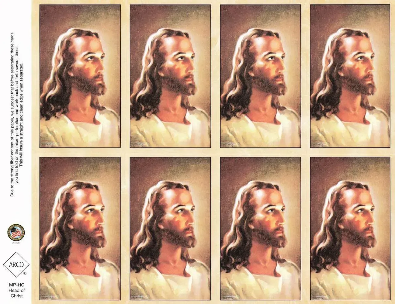 Eight repeated portraits of a bearded man in profile on a beige background