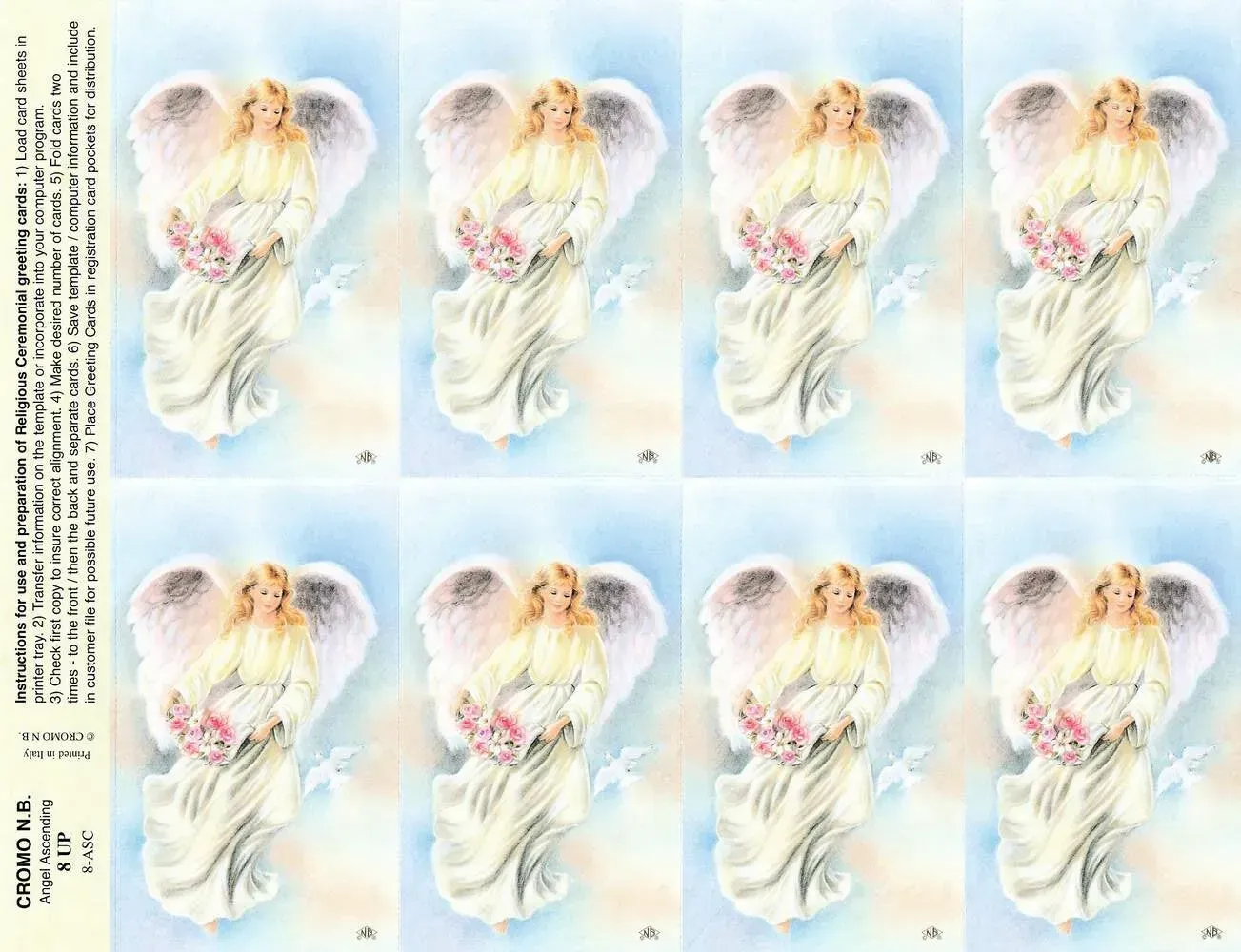 Eight soft pastel angel illustrations on a blue background, arranged in a 2x4 grid.
