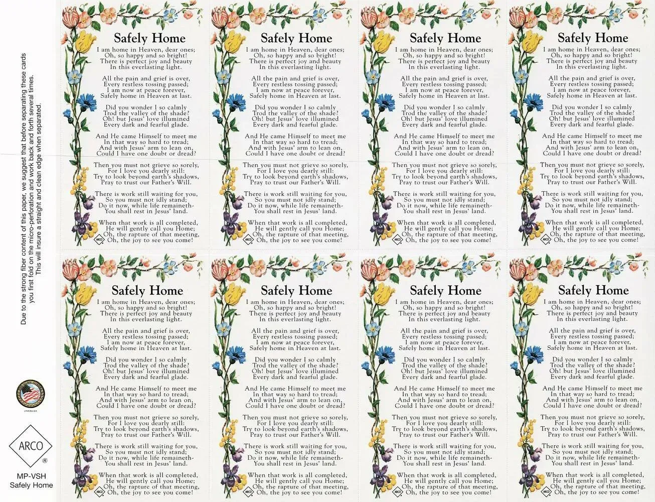 Illustrated sheet with eight columns of handwritten lyrics bordered by blue and yellow flowers.