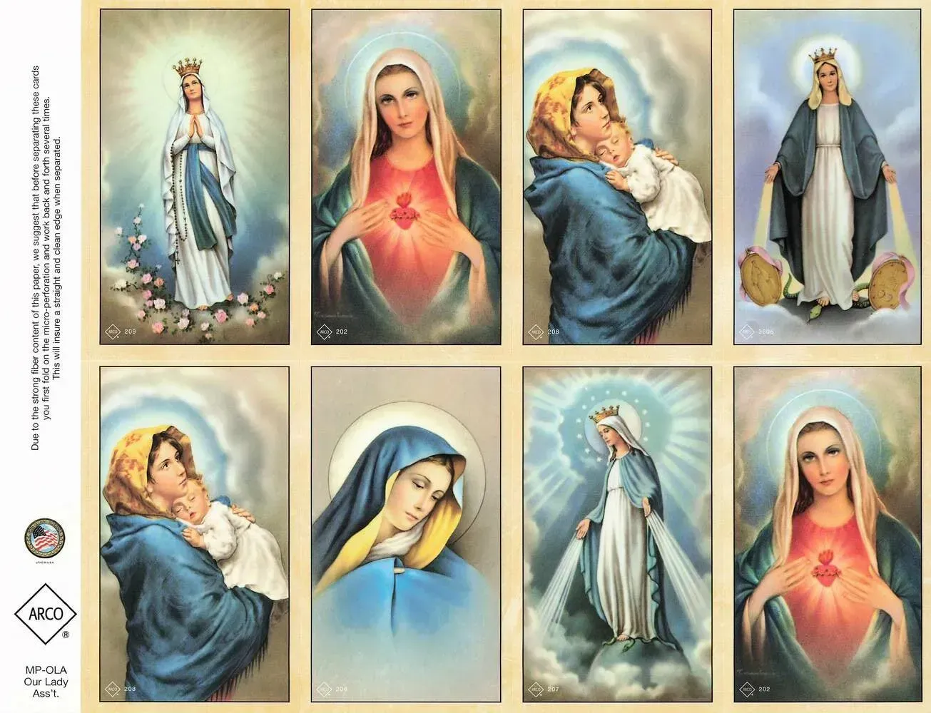Collage of eight religious illustrations of the Virgin Mary in blue and white robes
