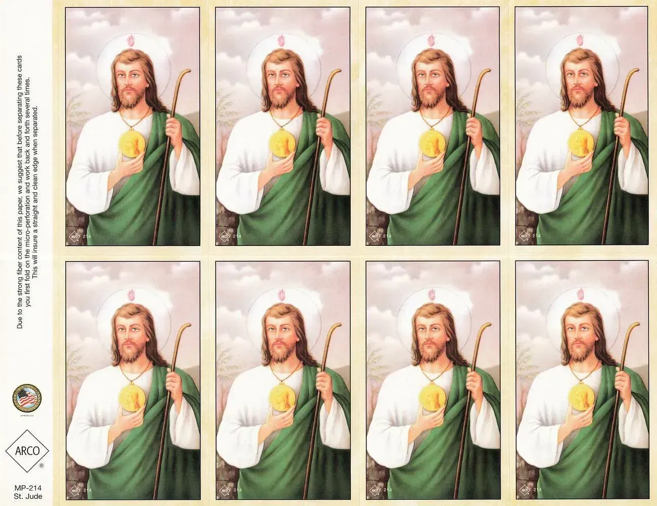 Two rows of repeated religious portraits of Jesus holding a glowing heart on a beige background
