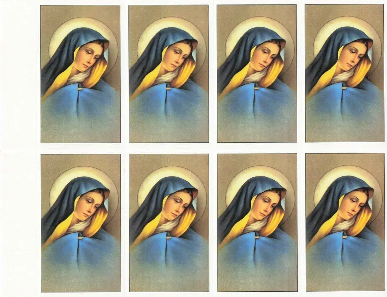 Eight repeated portraits of a veiled woman, arranged in two rows on a beige background.