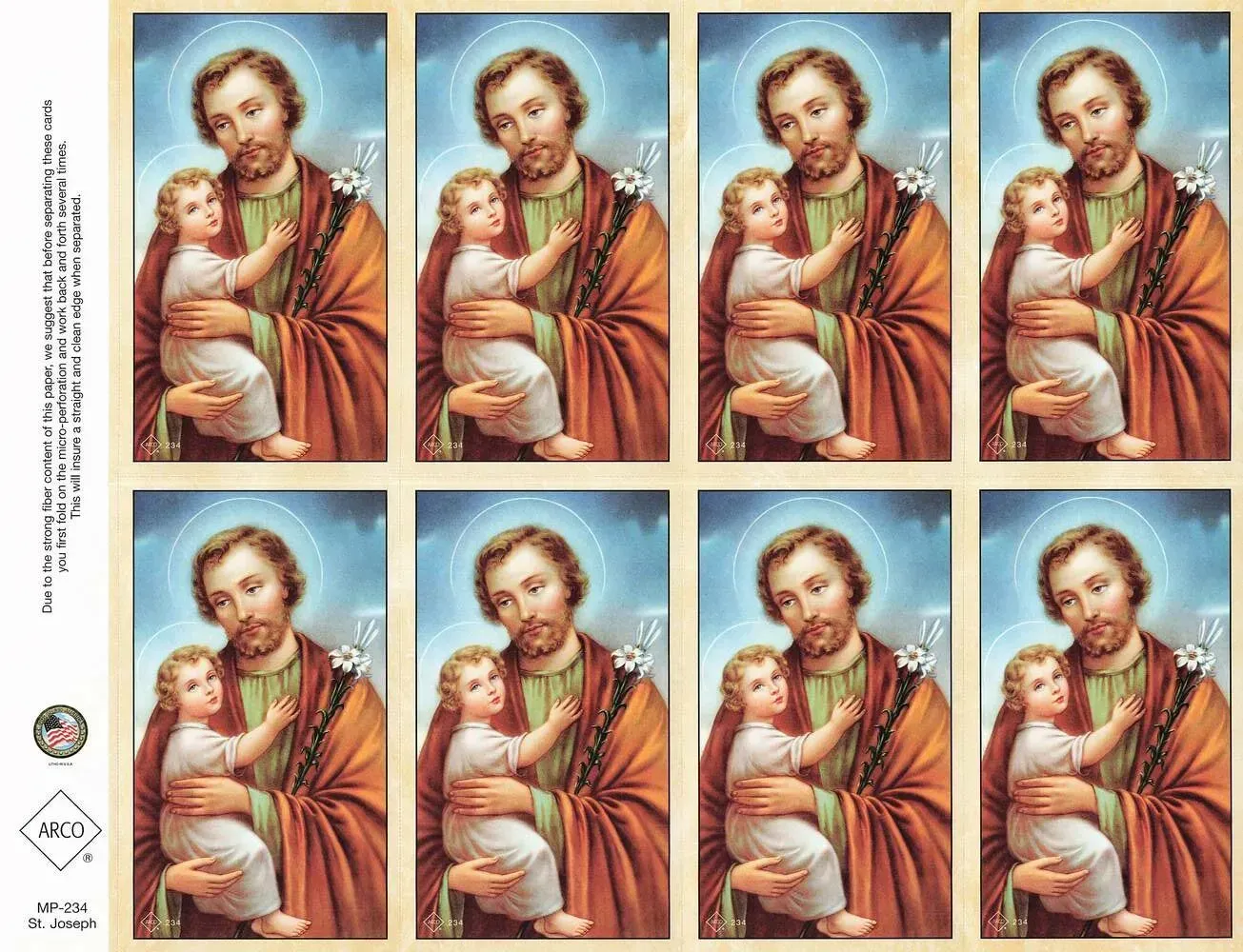 Eight identical prints of a saint holding a child, arranged in two rows on a light background.