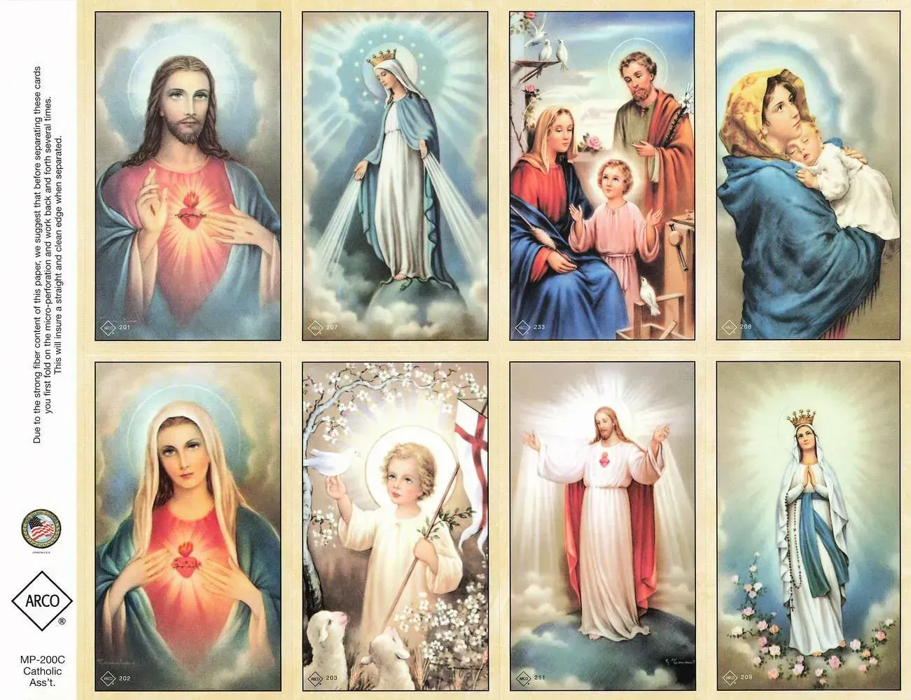 Eight devotional images of Jesus, Mary, and angels in soft pastel religious art styles