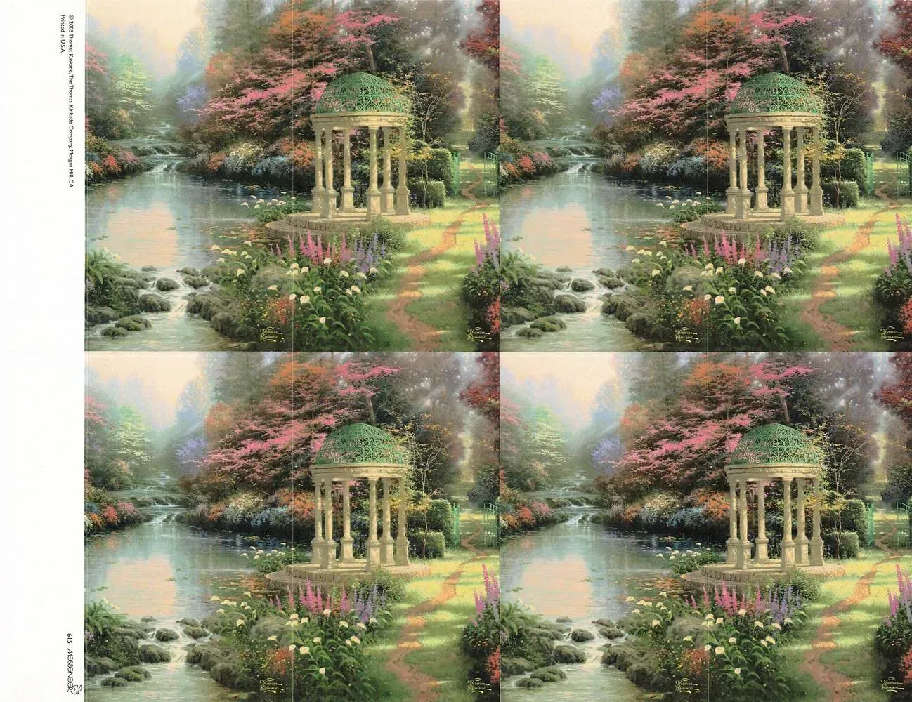 Four-panel garden scene with a gazebo, pond, and blooming trees in soft pastel colors.