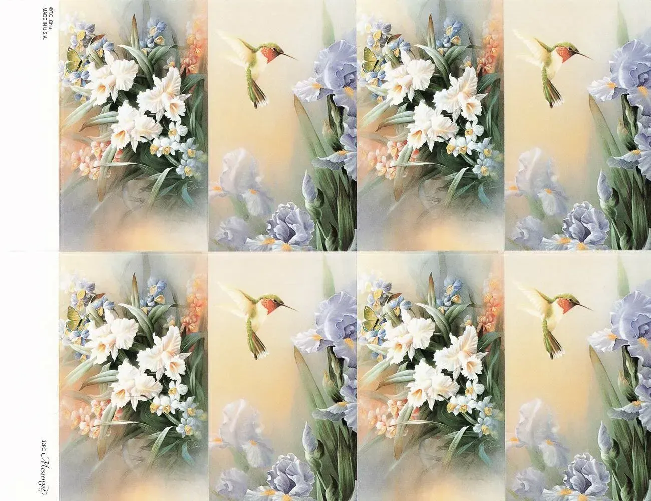 Repeated floral watercolor panels with white lilies, butterflies, and soft pastel backgrounds