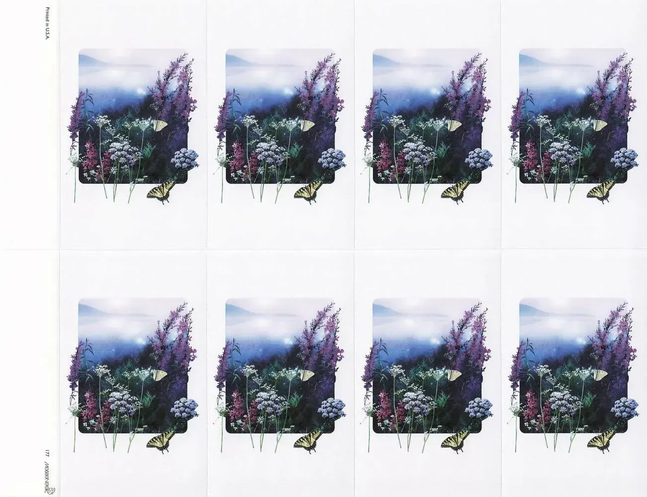 Six repeated watercolor landscape prints in a 2x3 grid with purple flowers and a blue sky