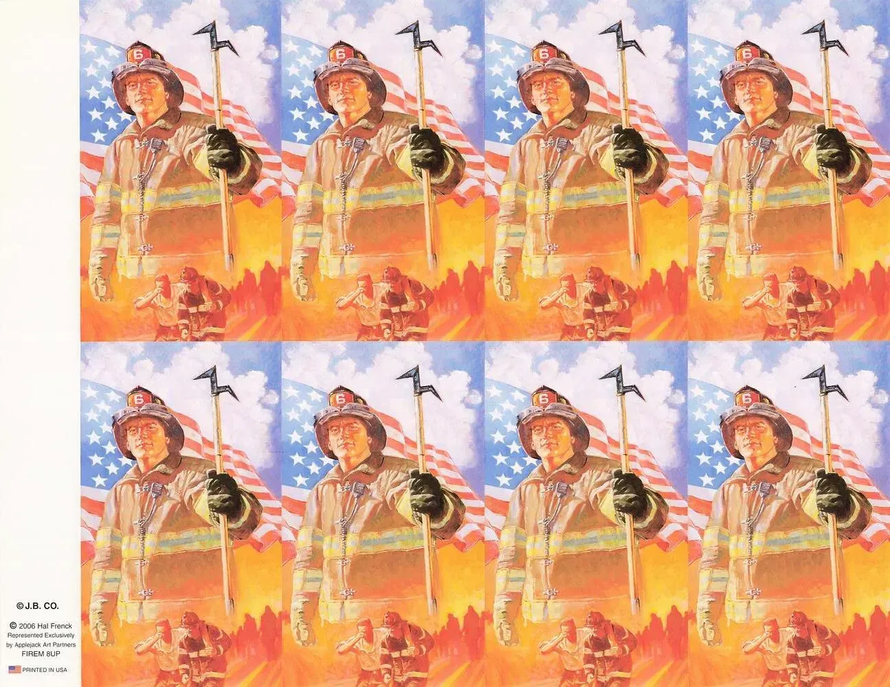 Colorful repeating poster of a person in a hat and orange jacket against a fiery abstract background