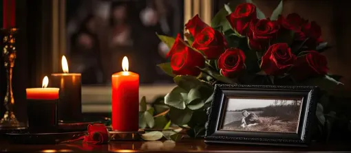 Memorial altar with red candles, red roses, and a framed black-and-white photo on a dark table