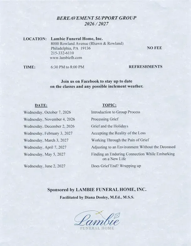 Flyer for a bereavement support group meeting with date, time, location, and discussion topics.