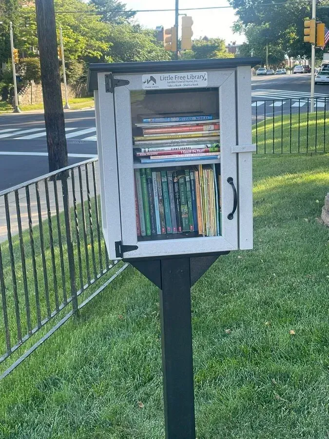 Little free library cabinet on a grassy roadside, filled with books and mounted on a black post.