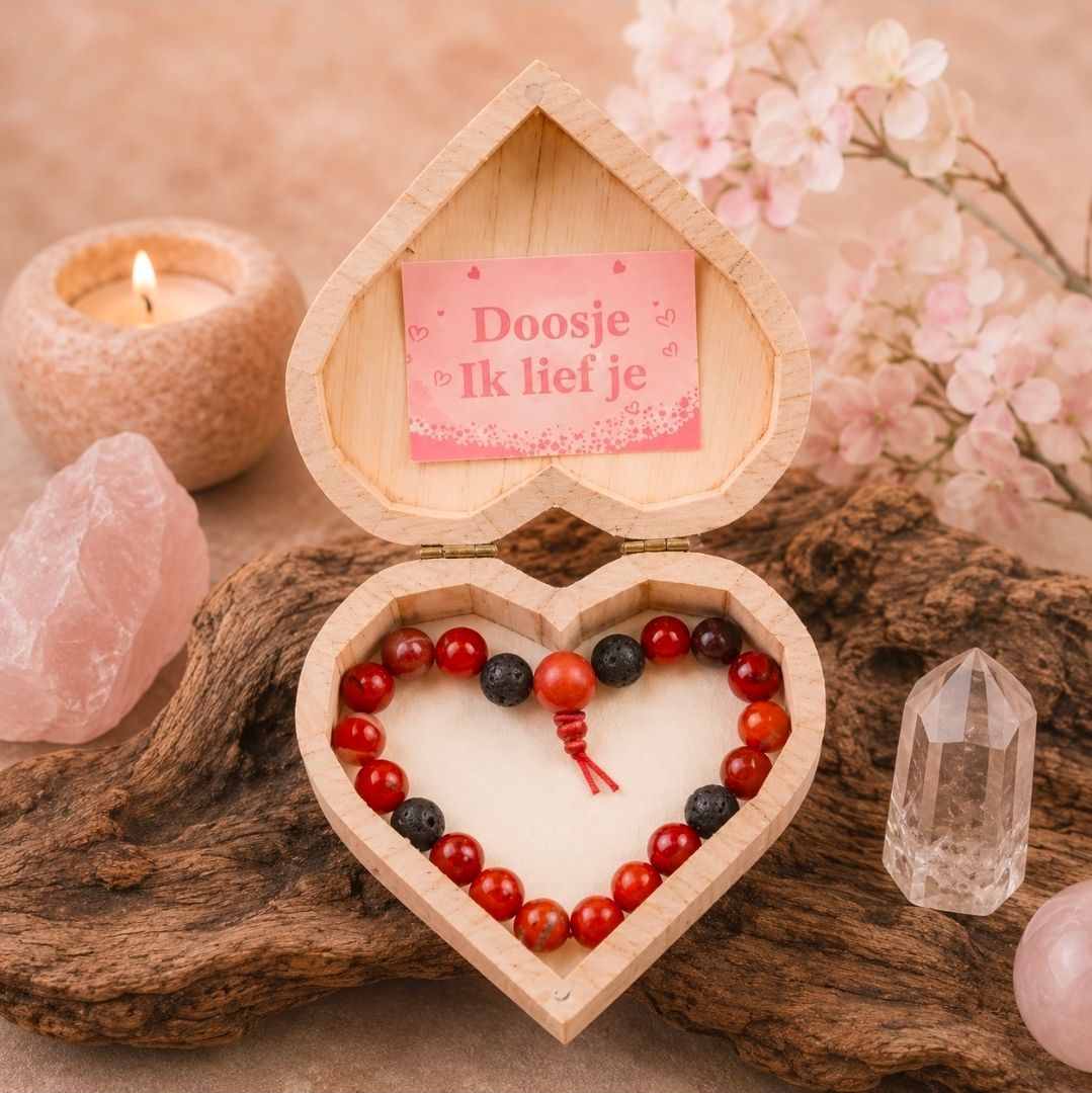 Hartvormige geschenkdoos met rode kralen en een roze briefje met de tekst