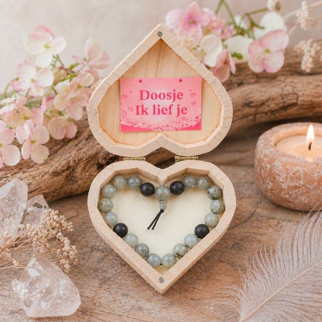 Hartvormig sieradendoosje met kralenarmband, roze bankbiljet, kaarsen, bloemen en kristallen.