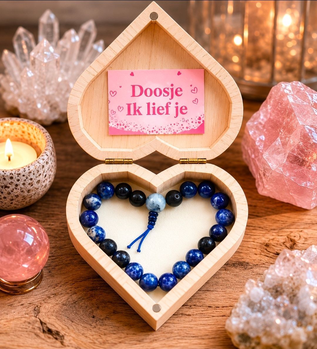 Hartvormige blauwe kralenarmband in een houten doosje met een roze briefje
