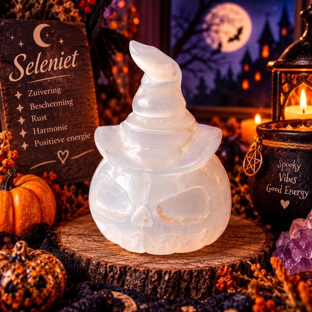 ? Selenite Pumpkin with Witch's Hat – 7 cm (MG)
