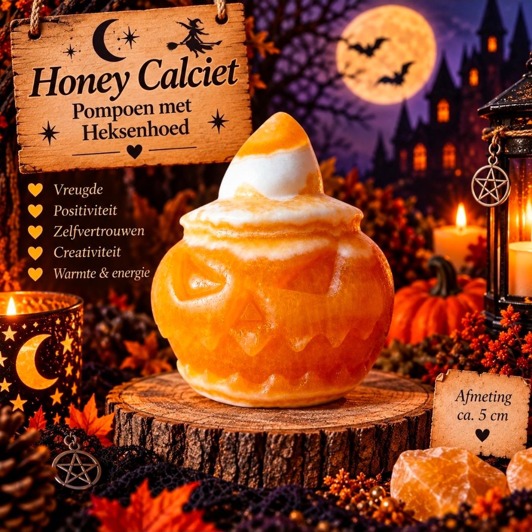 ?Honey Calcite Pumpkin with Witch's Hat – 5 cm (MG)