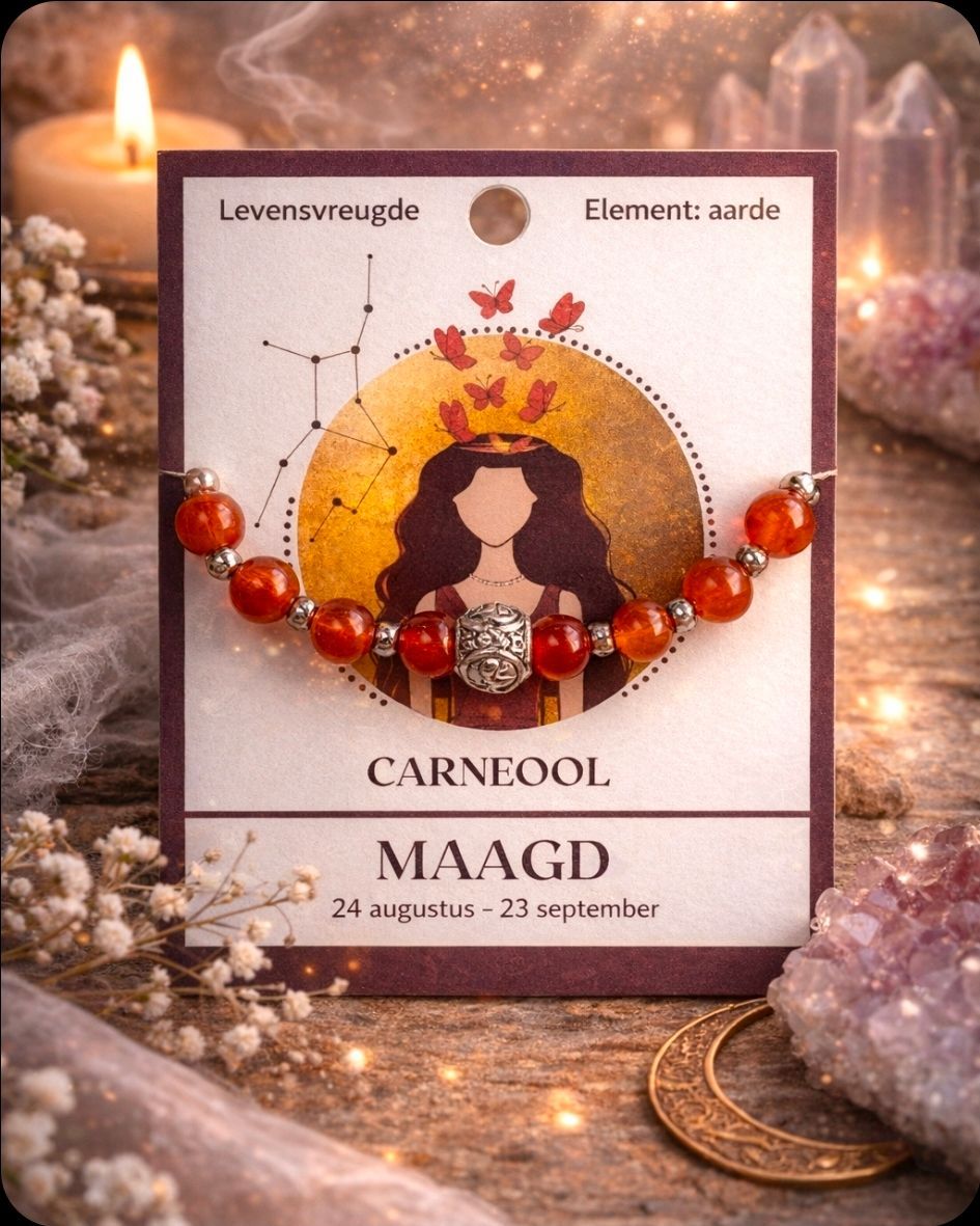 Maagd-sterrenbeeldkaart met warme oranje en rode accenten, kaarsen, kristallen en bloemen op een sprankelend altaar.