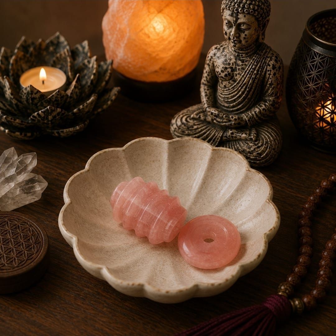 Roze rozenkwartsstenen in een schelpvormige schaal op een houten tafel met kaarsen en een Boeddhabeeld.