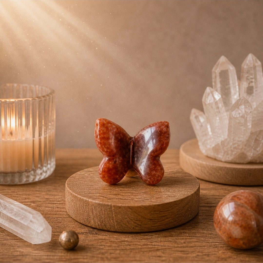 Amberkleurig vlinderbeeldje op een houten sokkel met kristallen, kaars en stenen in warm licht.