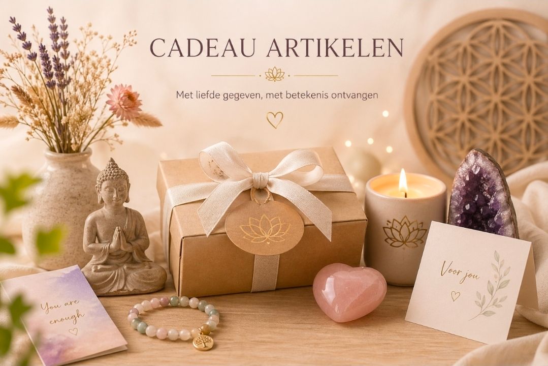 Cadeautafel met kaarsen, kristallen, bloemen, een Boeddhabeeld en een bord met de tekst
